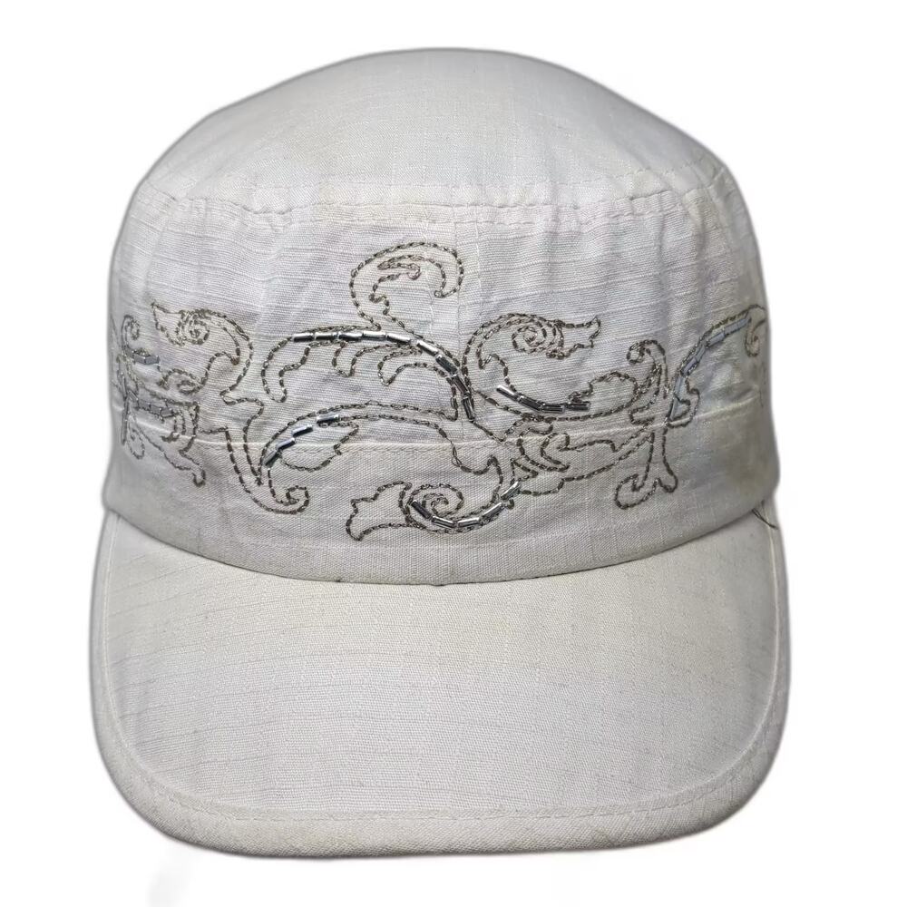 SCALA PRONTO Army Cap White One Size Beaded Filigree Embroidered Adjustable Hat